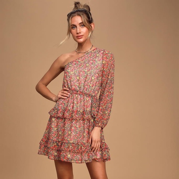 LULU’S Anew Romance Pink Floral Print One Shoulder Ruffled Mini Dress - Picture 2 of 8
